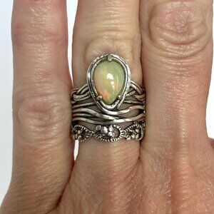 Sterling Silver 925 PZ Modernist Israel Opal Teardrop Wide Band Ring Sz 5.75